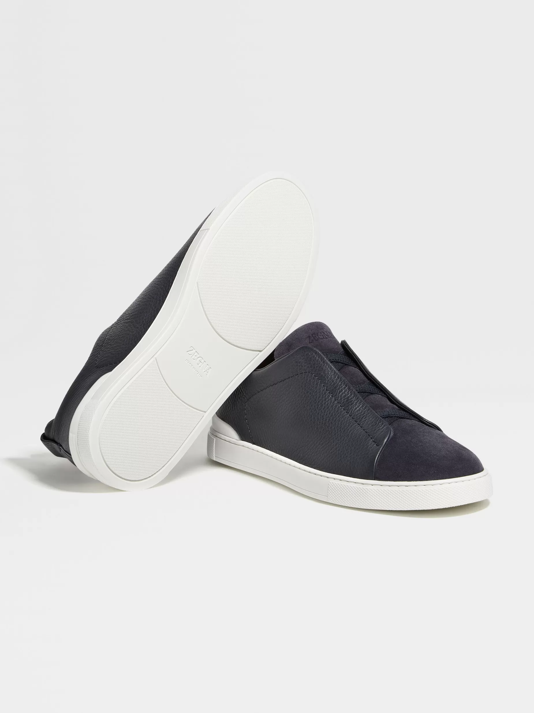 Baskets Triple Stitch™ en Cuir et Veau Velours Bleu Marine<ZEGNA Fashion