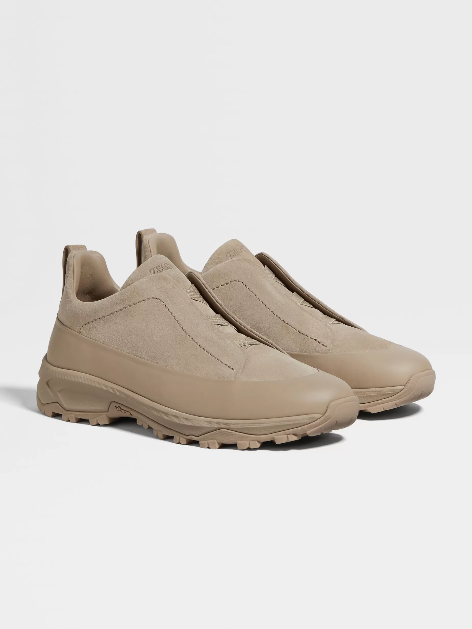Baskets Triple Stitch™ Monte en Veau Velours et Cuir Taupe Clair<ZEGNA Hot