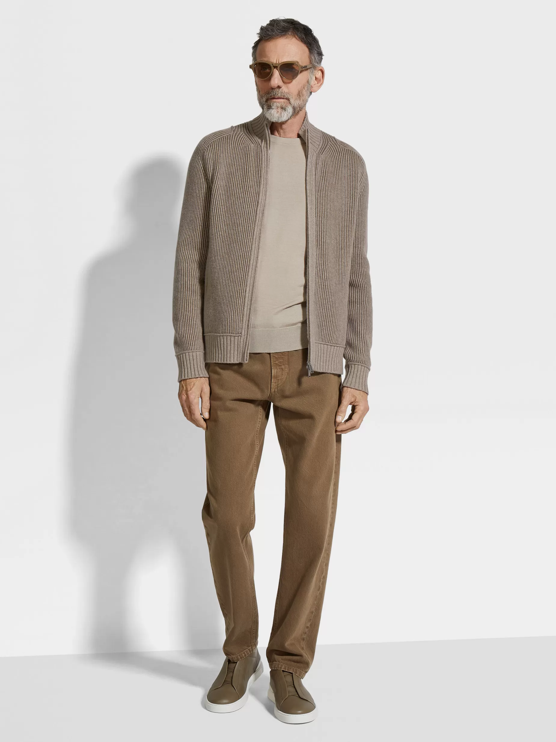 Cardigan Zippé en Oasi Cashmere Taupe Clair et Kaki Chiné<ZEGNA Flash Sale
