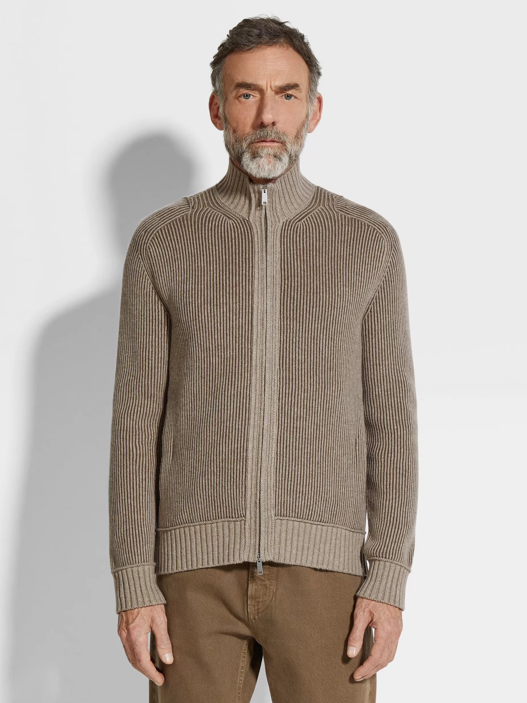 Cardigan Zippé en Oasi Cashmere Taupe Clair et Kaki Chiné<ZEGNA Flash Sale