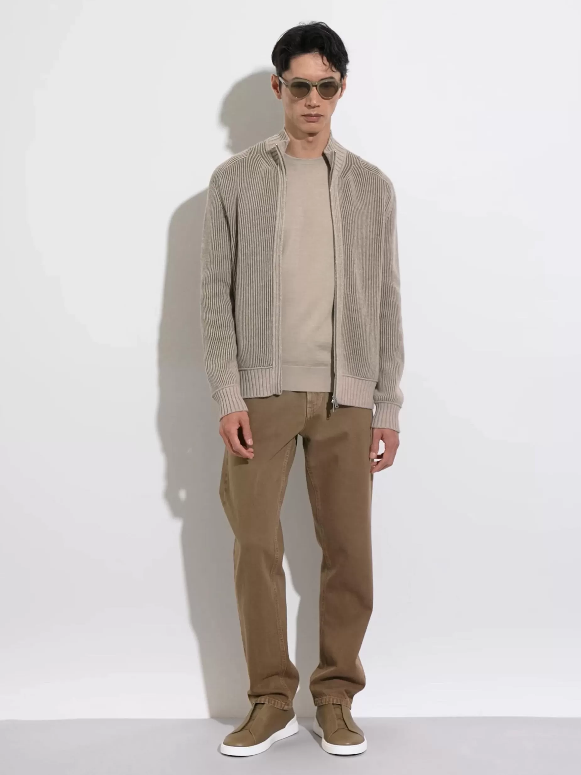 Cardigan Zippé en Oasi Cashmere Taupe Clair et Kaki Chiné<ZEGNA Flash Sale