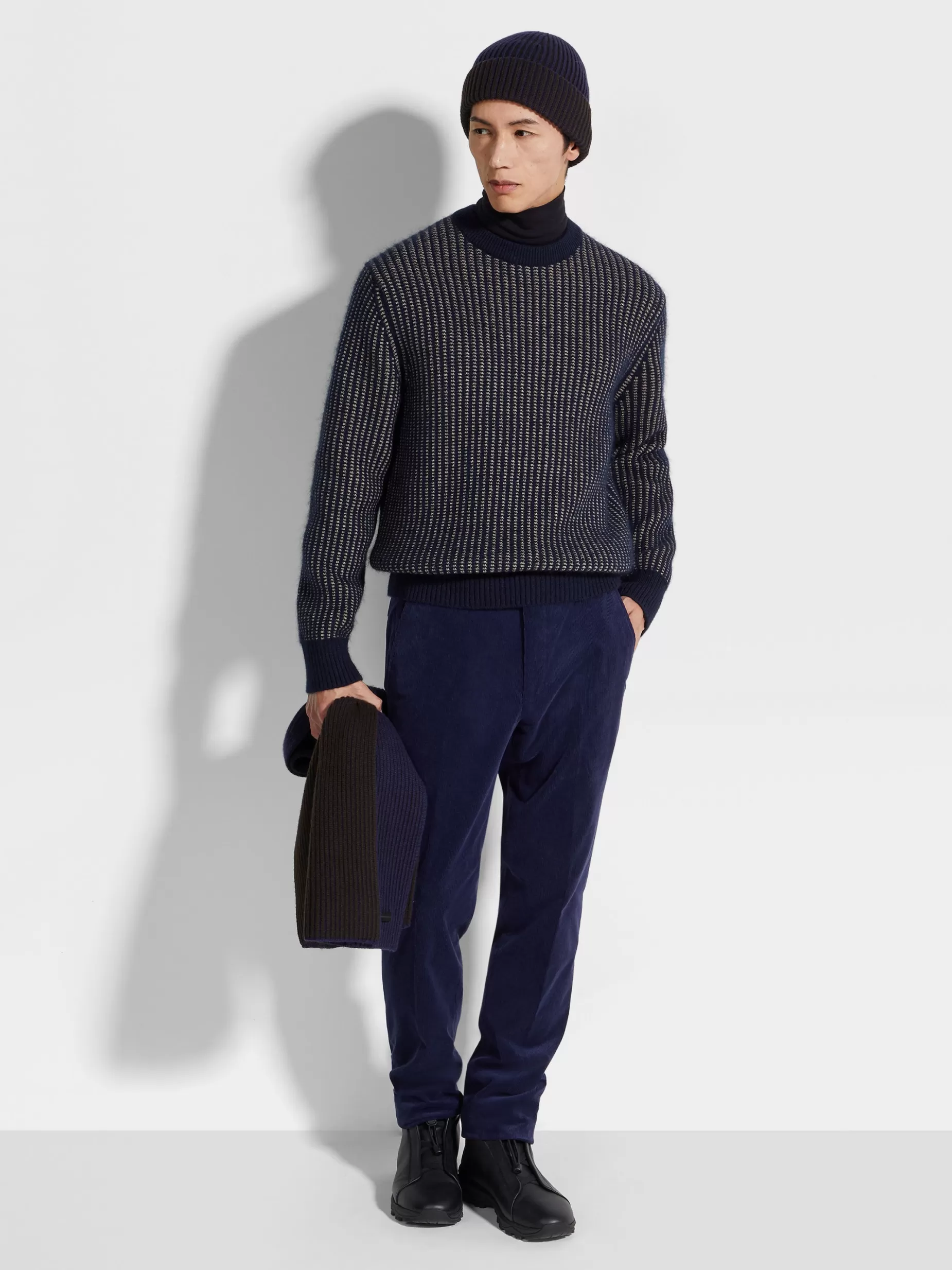 Haut Ras du Cou Bleu Encre et Taupe Clair en Cachemire, Mohair et Soie<ZEGNA Fashion