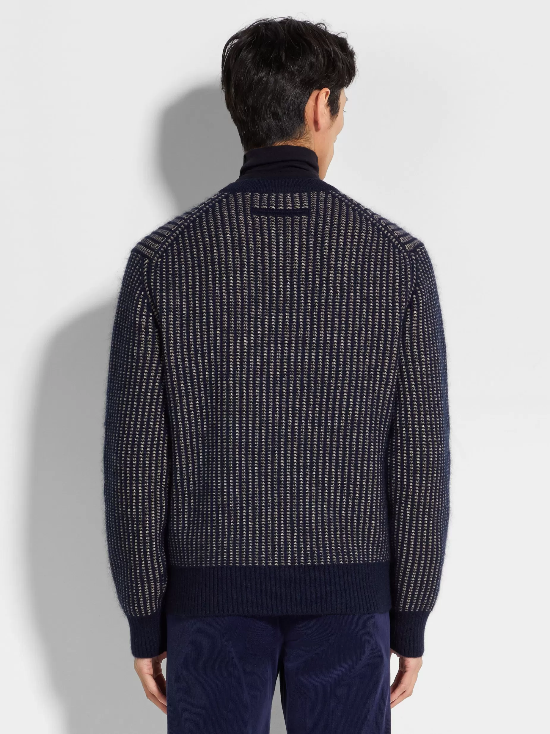 Haut Ras du Cou Bleu Encre et Taupe Clair en Cachemire, Mohair et Soie<ZEGNA Fashion