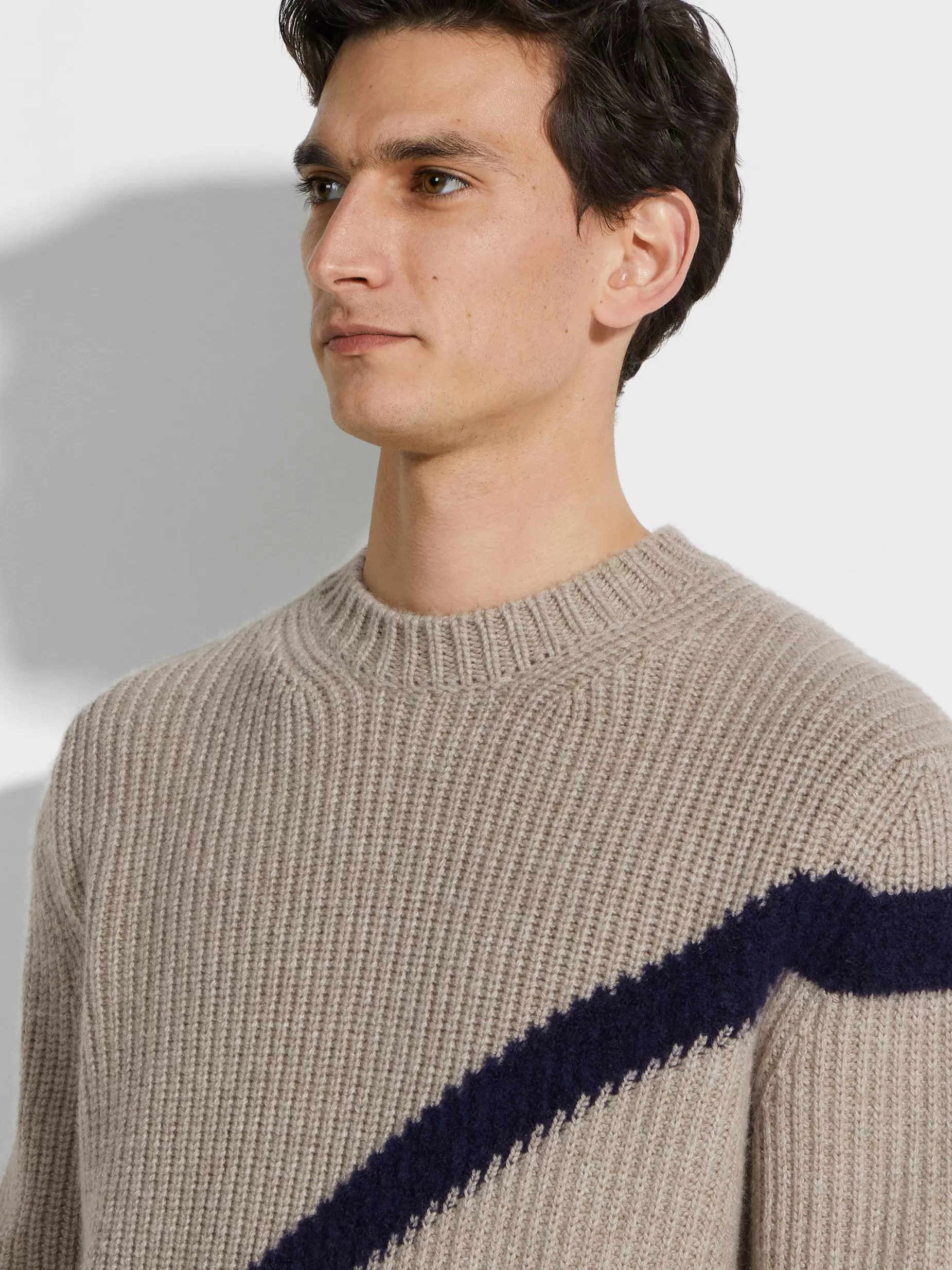 Haut Ras du Cou en Cachemire et Soie Taupe Clair et Bleu Encre<ZEGNA Online