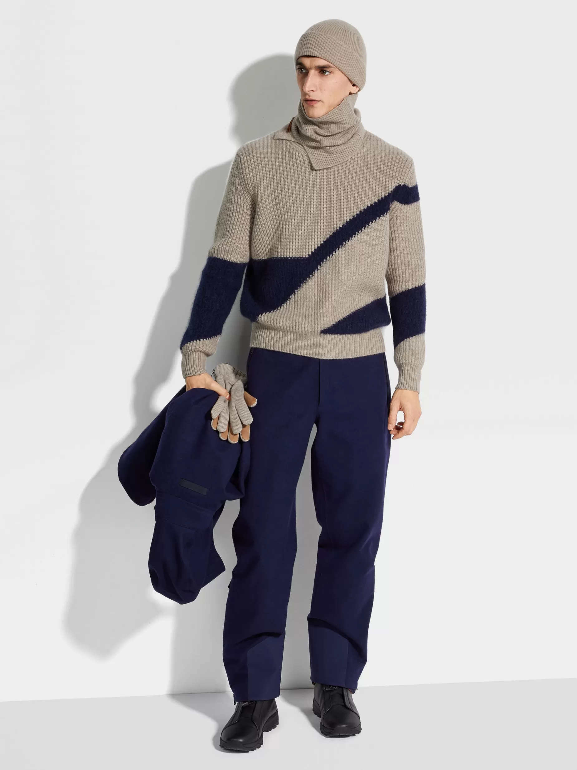 Haut Ras du Cou en Cachemire et Soie Taupe Clair et Bleu Encre<ZEGNA Online