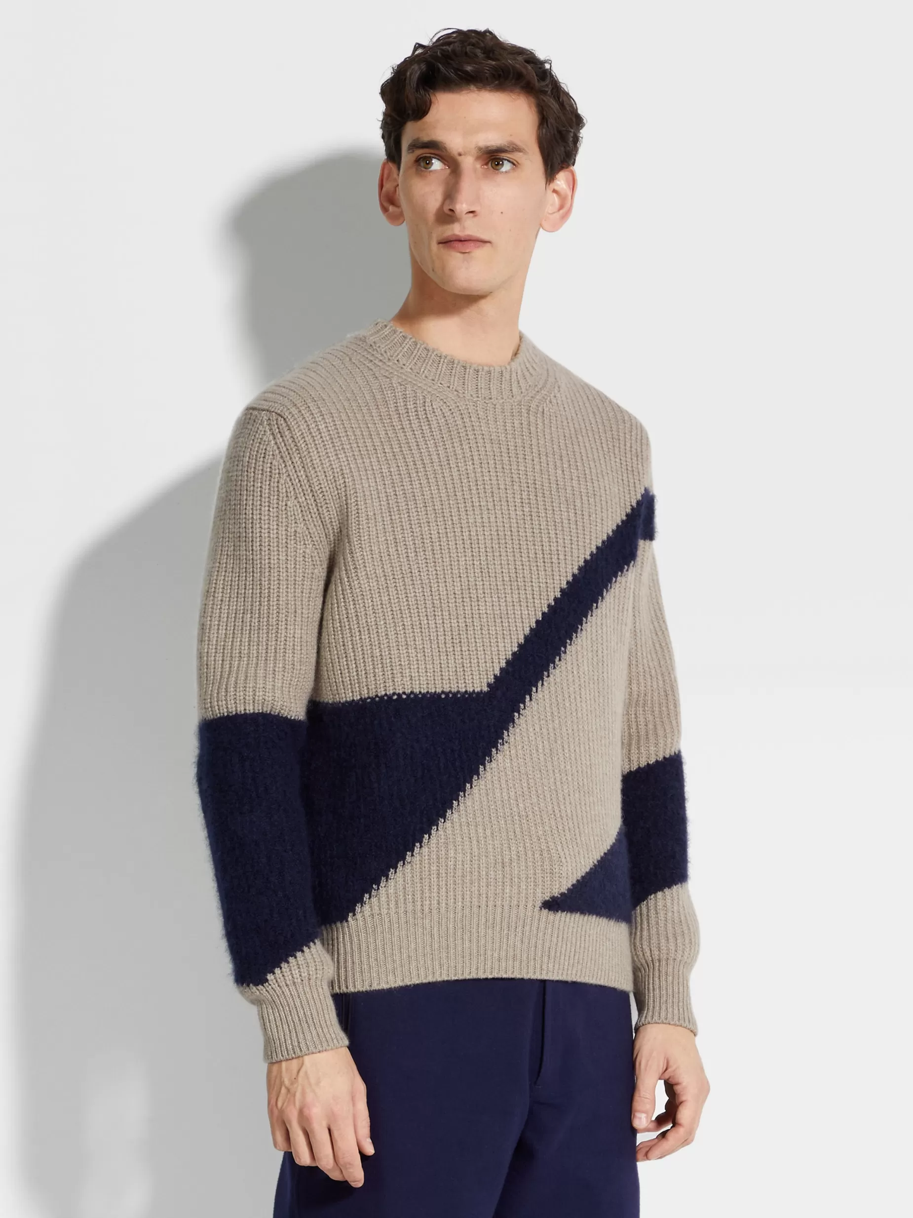 Haut Ras du Cou en Cachemire et Soie Taupe Clair et Bleu Encre<ZEGNA Online