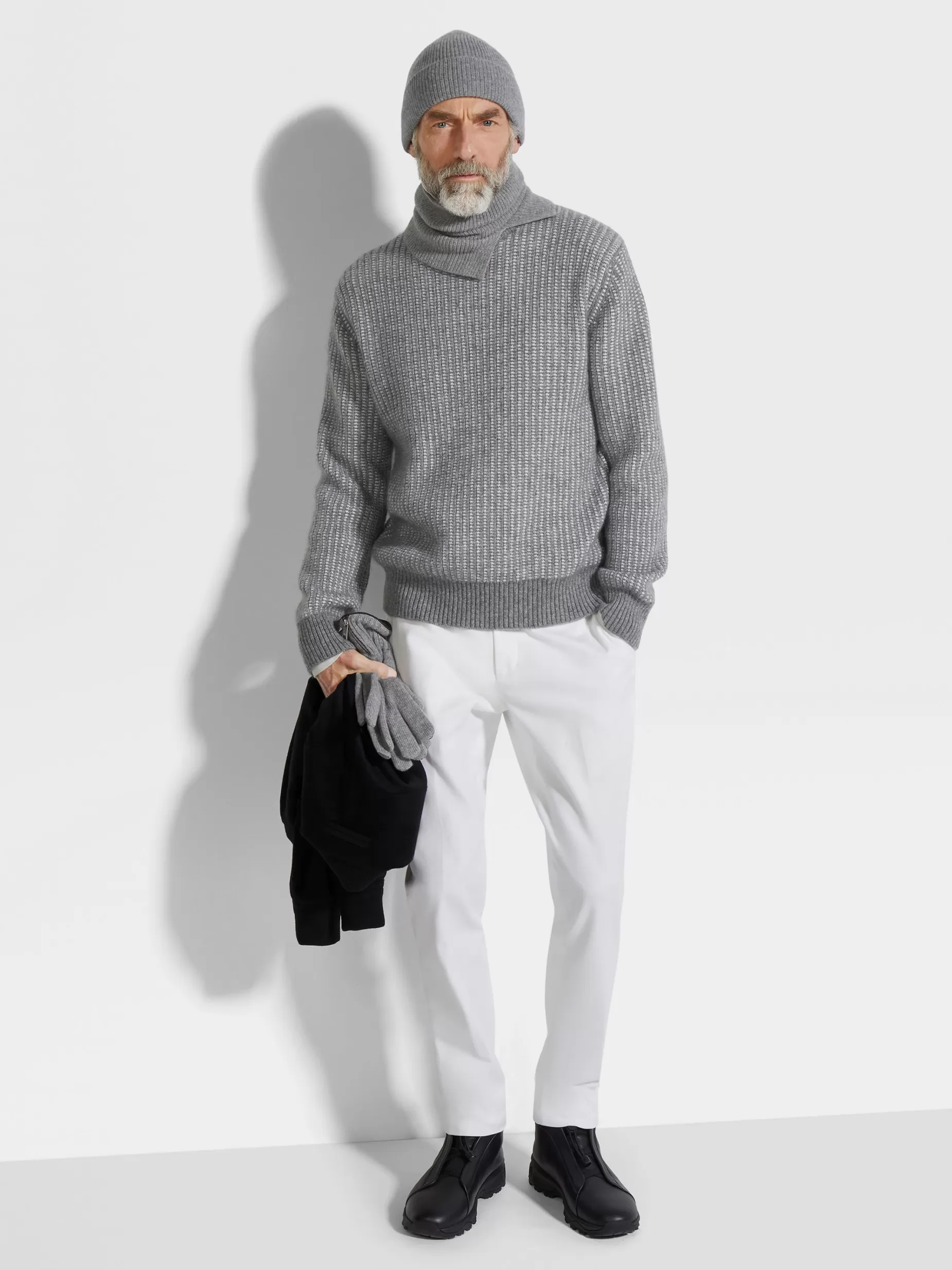 Haut Ras du Cou en Cachemire, Mohair et Soie Gris et Blanc<ZEGNA New