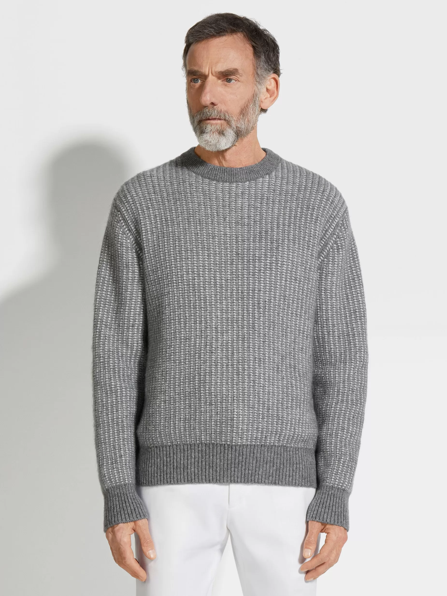 Haut Ras du Cou en Cachemire, Mohair et Soie Gris et Blanc<ZEGNA New