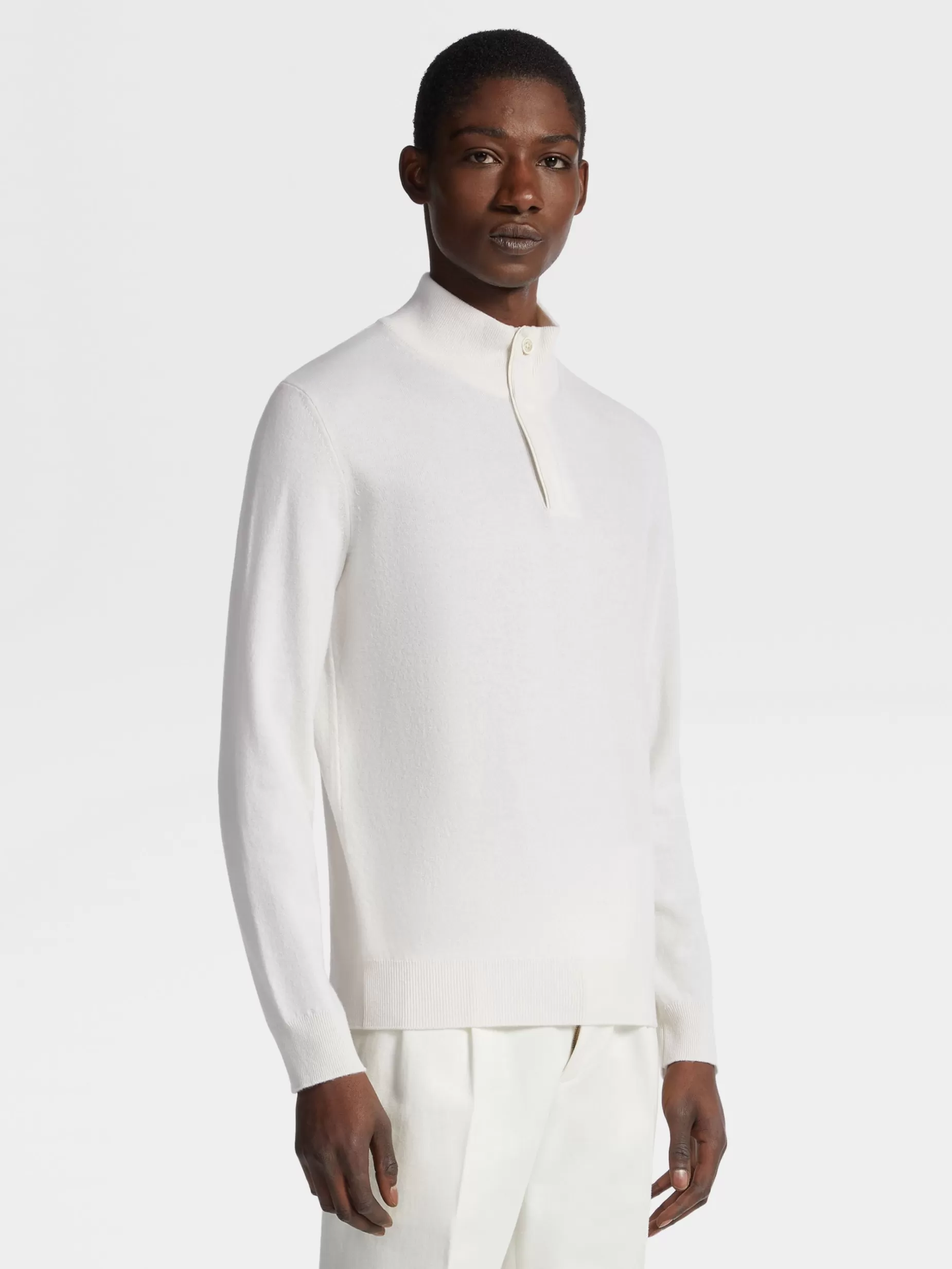 Pull à Col Montant Zippé en Oasi Cashmere Blanc Chiné<ZEGNA New