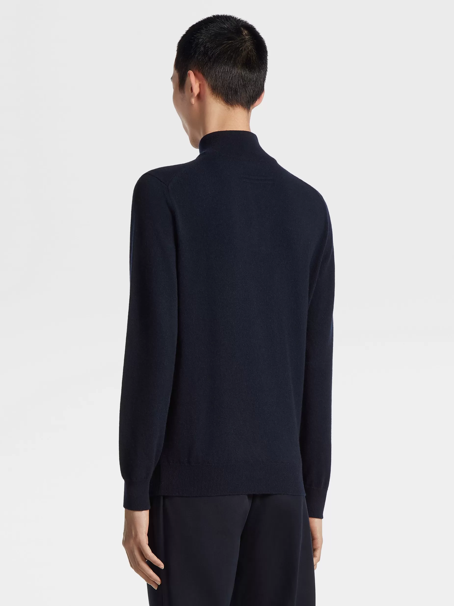 Pull à Col Montant Zippé en Oasi Cashmere Bleu Marine Chiné<ZEGNA Shop