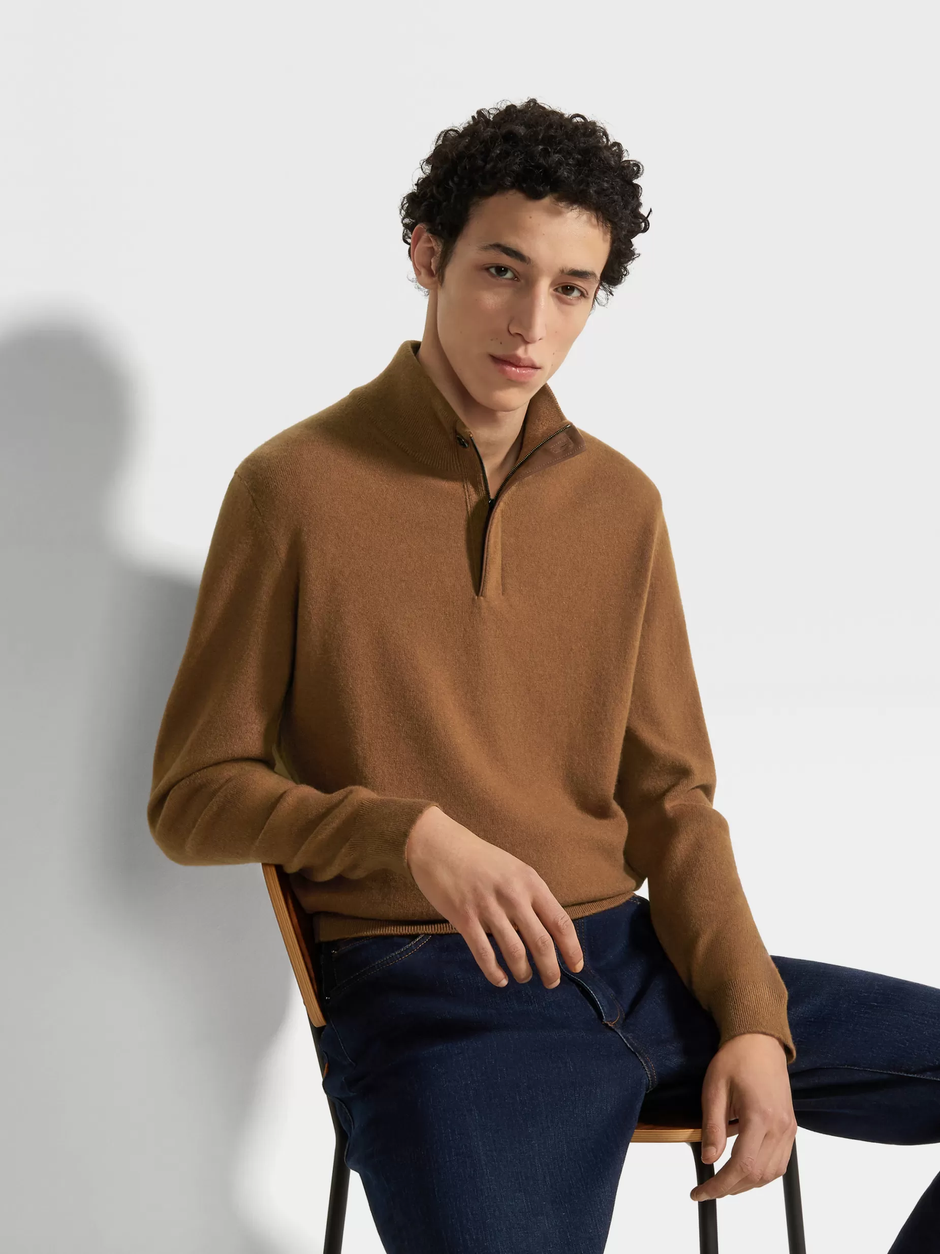 Pull à Col Montant Zippé en Oasi Cashmere Foliage Foncé Chiné<ZEGNA Sale