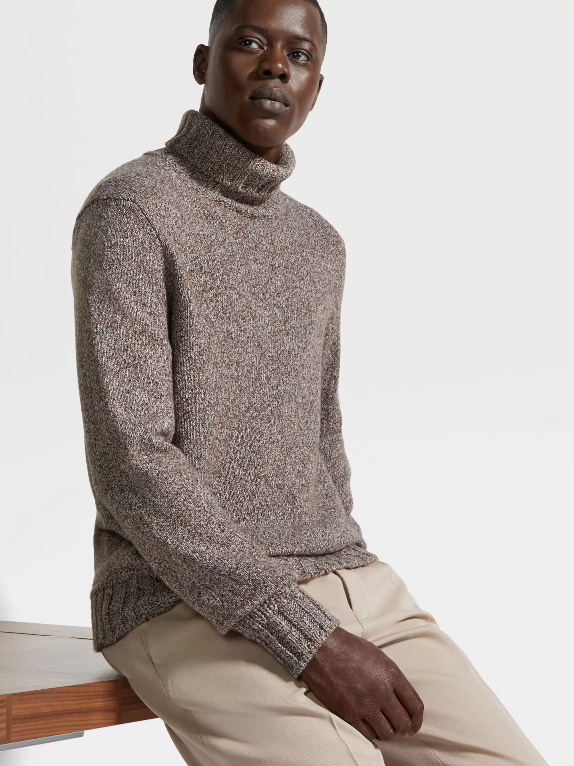 Pull Col Roulé en Oasi Cashmere Foliage Foncé et Taupe<ZEGNA Cheap